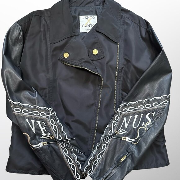 Vintage 90s Venus Art Embroidered Leather Motorcycle Jacket M/L - Picture 1 of 4